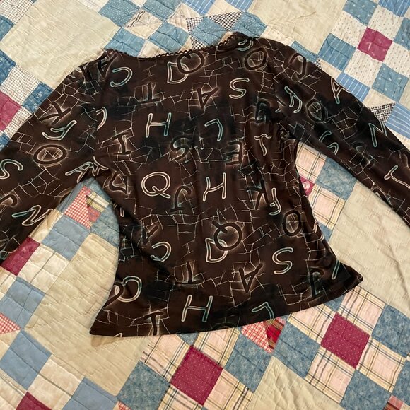 2000s y2k Steps Brand Deep V Wrap Alphabet Print Slinky Knit Bell Sleeve Large - Picture 16 of 16